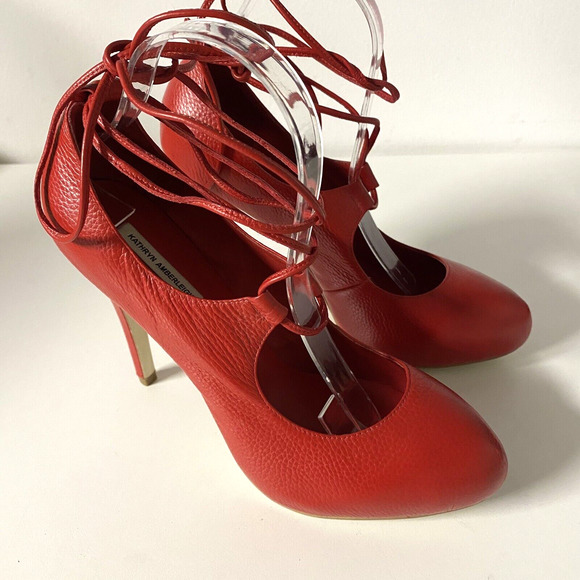 KATHRYN AMBERLEIGH Red Pump Leather 4.5" Heel Almond Toe Platform Lace U… - Picture 2 of 9